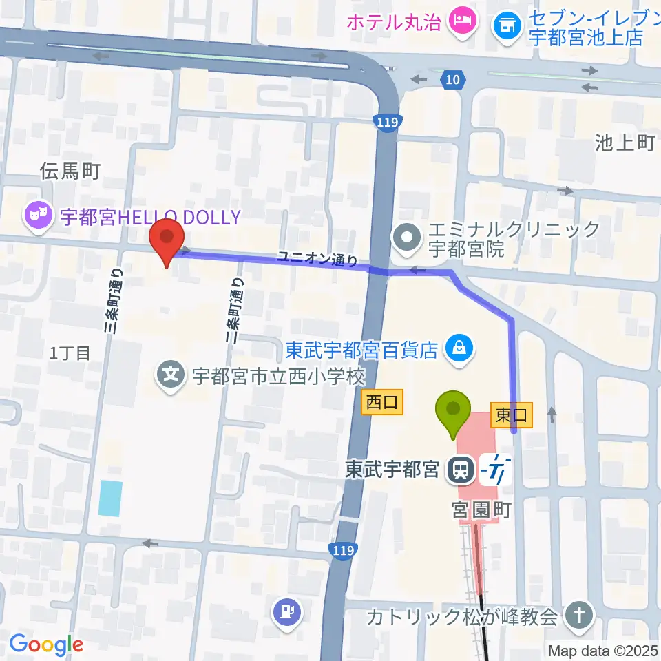 LOVE SOUNDS STUDIOの最寄駅東武宇都宮駅からの徒歩ルート（約4分）地図