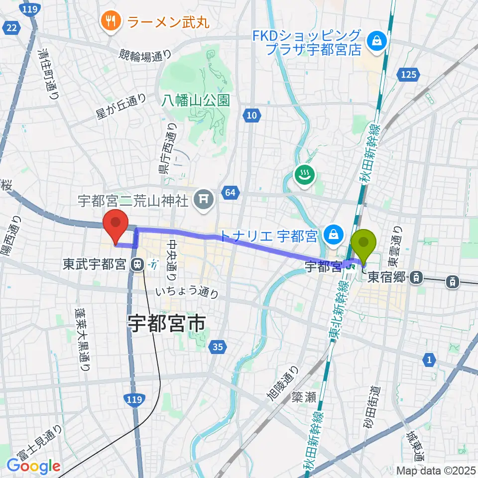 宇都宮駅東口駅からLOVE SOUNDS STUDIOへのルートマップ地図