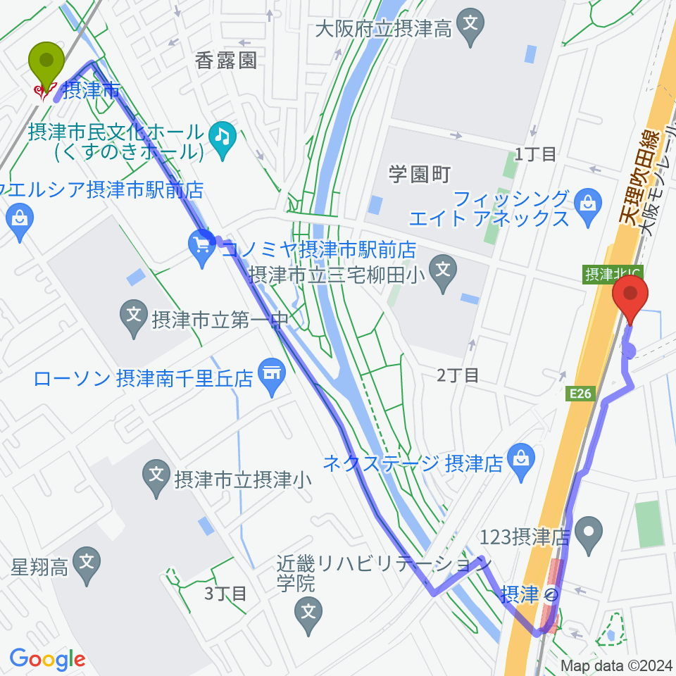 摂津市駅から茨木ジャックライオンへのルートマップ地図