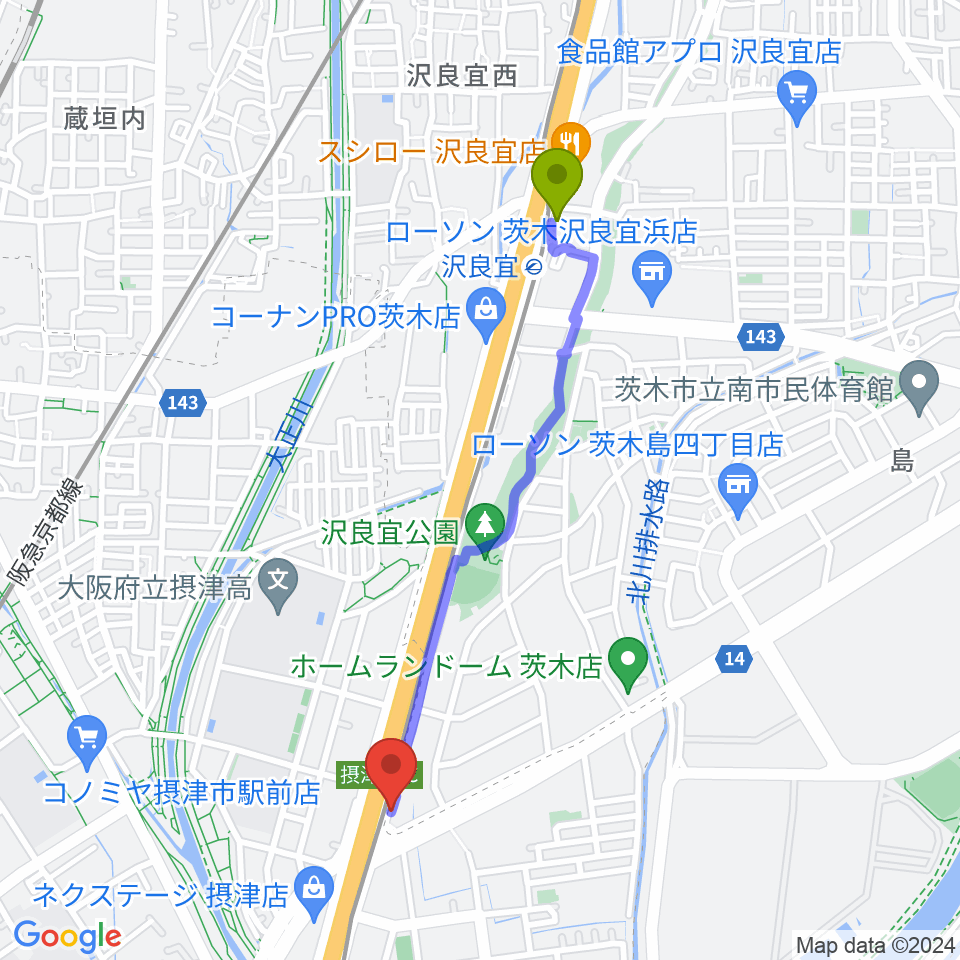 沢良宜駅から茨木ジャックライオンへのルートマップ地図