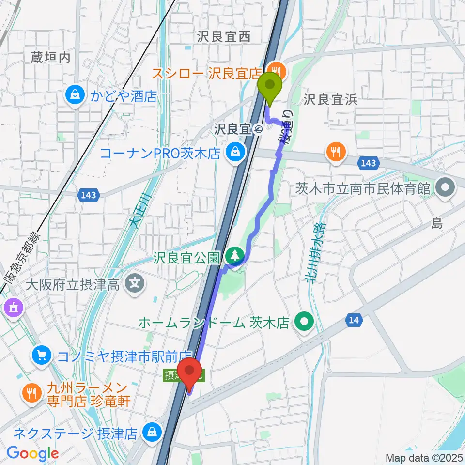 沢良宜駅から茨木ジャックライオンへのルートマップ地図
