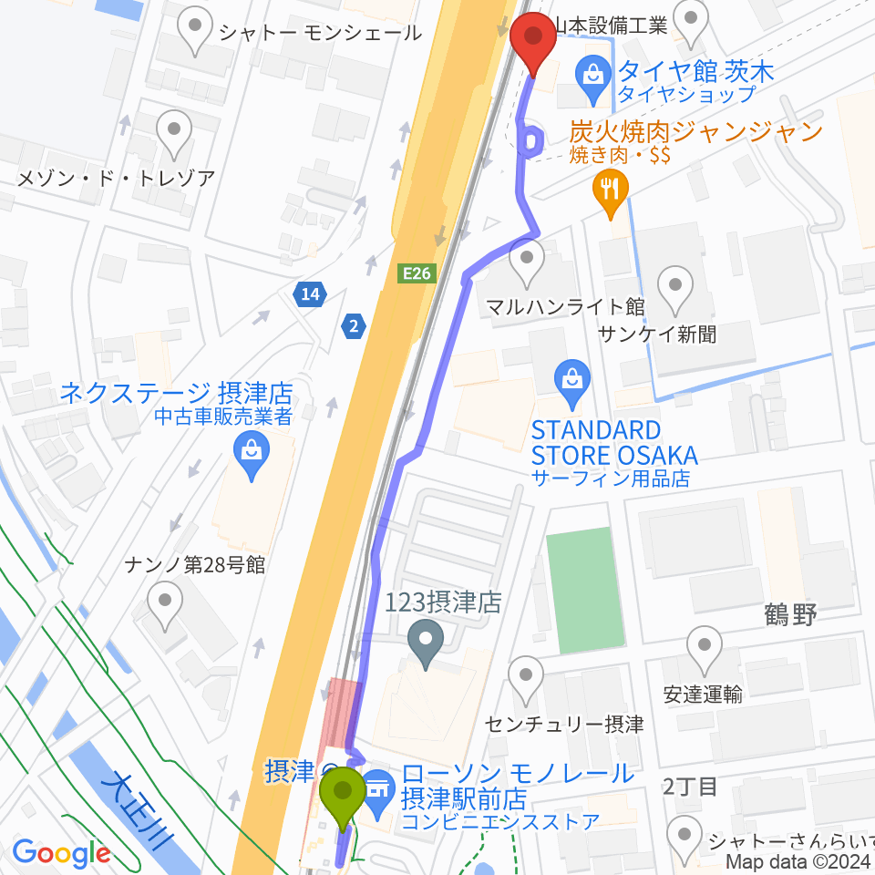 茨木ジャックライオンの最寄駅摂津駅からの徒歩ルート（約7分）地図