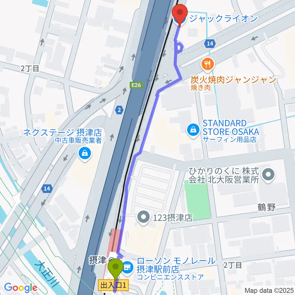 茨木ジャックライオンの最寄駅摂津駅からの徒歩ルート（約7分）地図