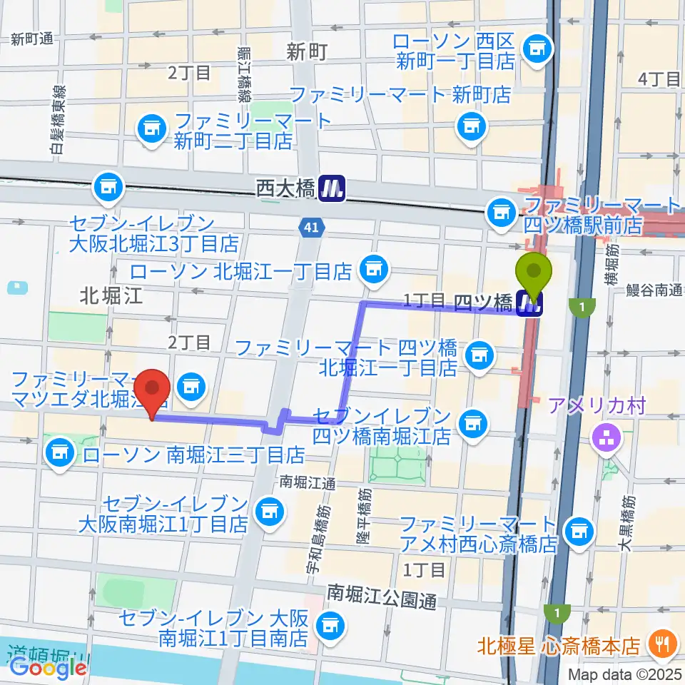 四ツ橋駅からCorner Stone Barへのルートマップ地図