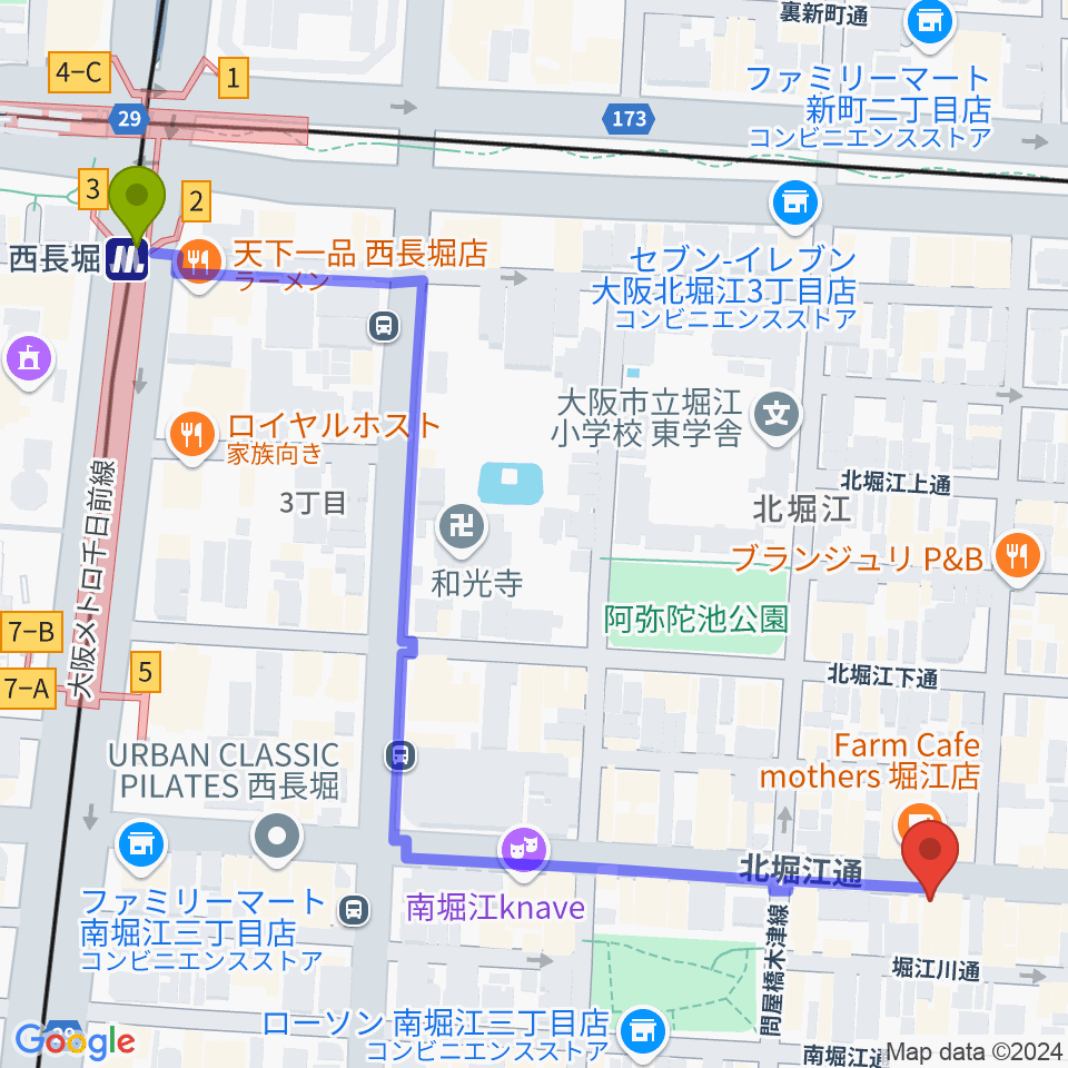 西長堀駅からCorner Stone Barへのルートマップ地図