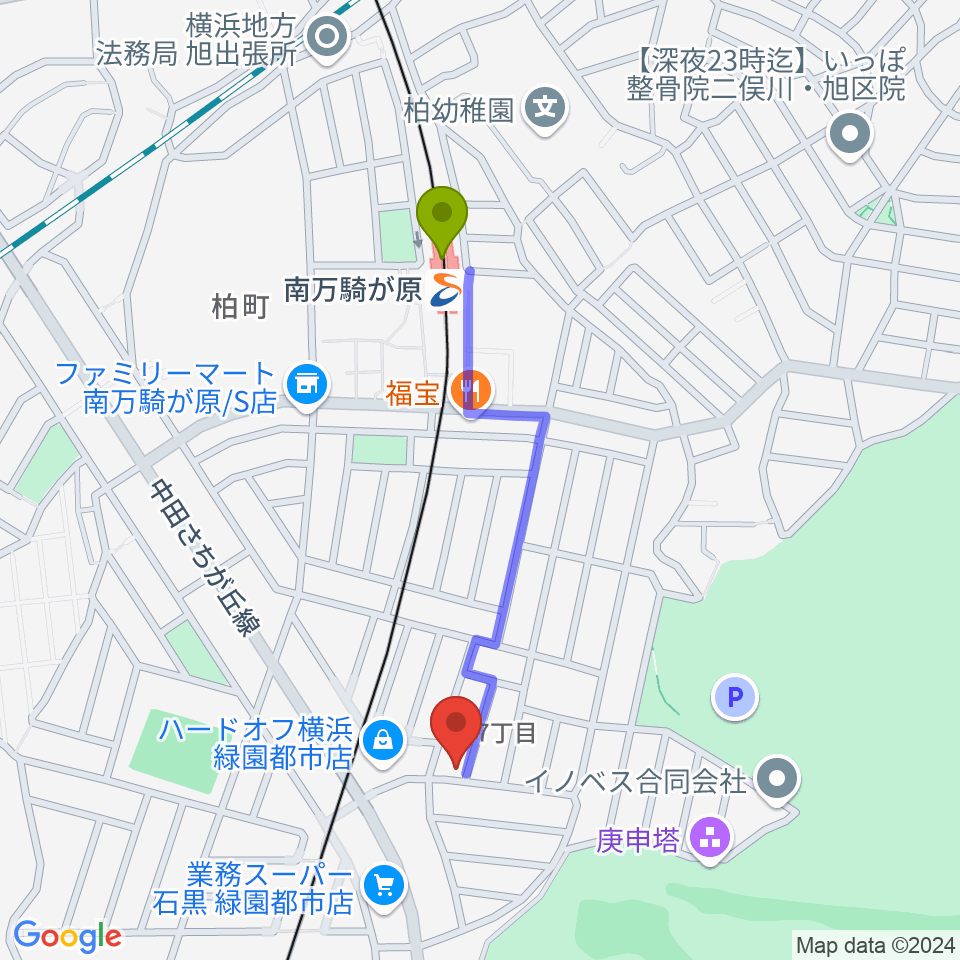 鈴木音楽学院の最寄駅南万騎が原駅からの徒歩ルート（約8分）地図