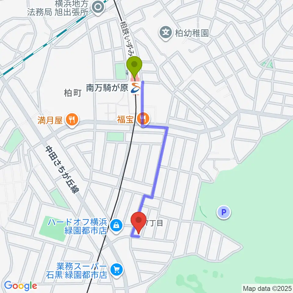 鈴木音楽学院の最寄駅南万騎が原駅からの徒歩ルート（約8分）地図