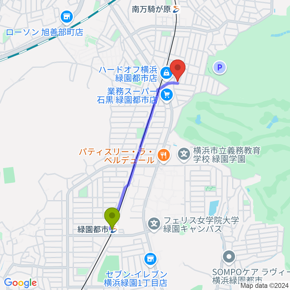 緑園都市駅から鈴木音楽学院へのルートマップ地図