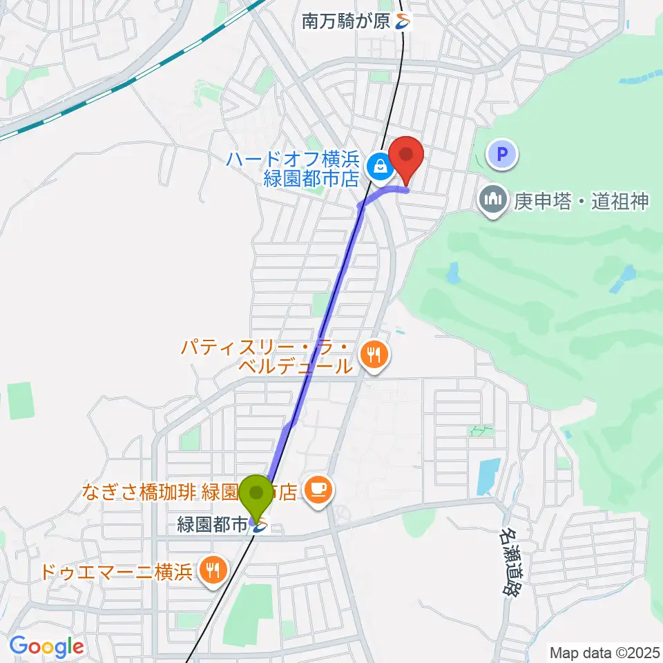 緑園都市駅から鈴木音楽学院へのルートマップ地図