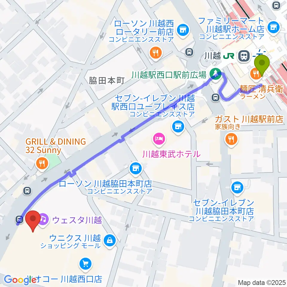 川越駅からウェスタ川越へのルートマップ地図