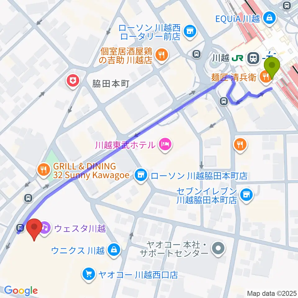 川越駅からウェスタ川越へのルートマップ地図