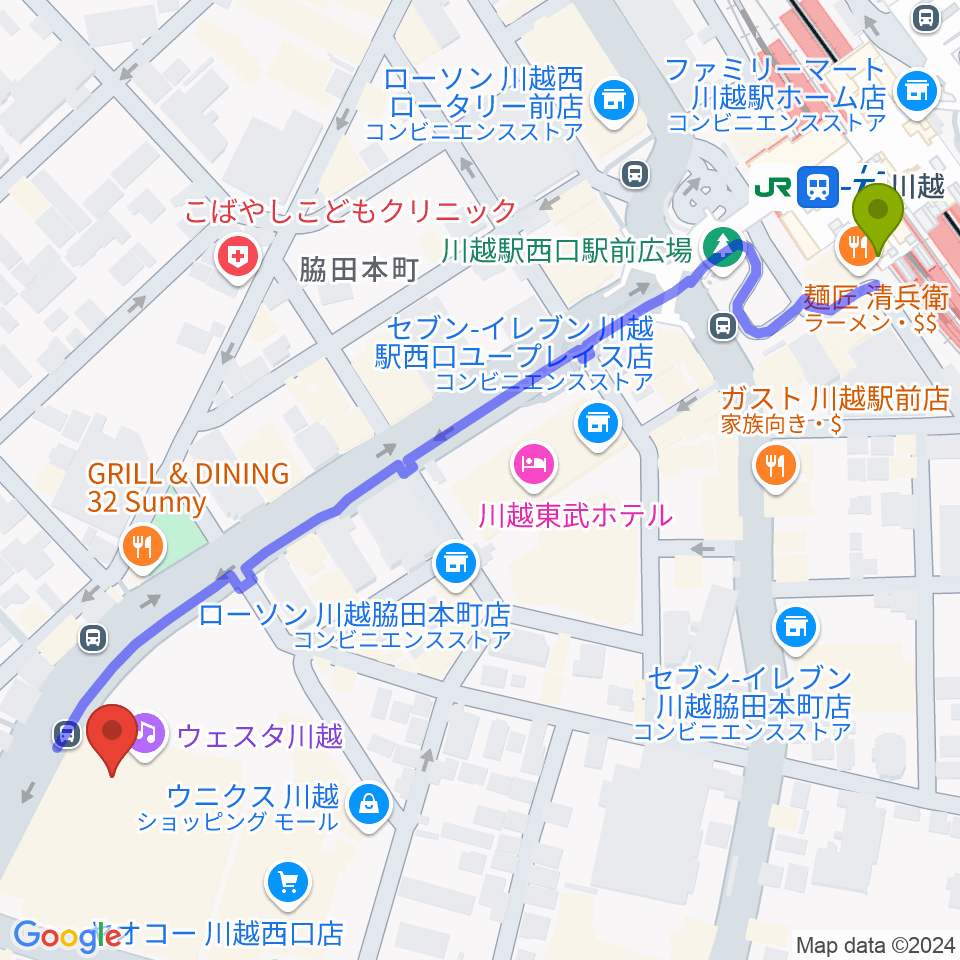 川越駅からウェスタ川越 大ホールへのルートマップ Mdata