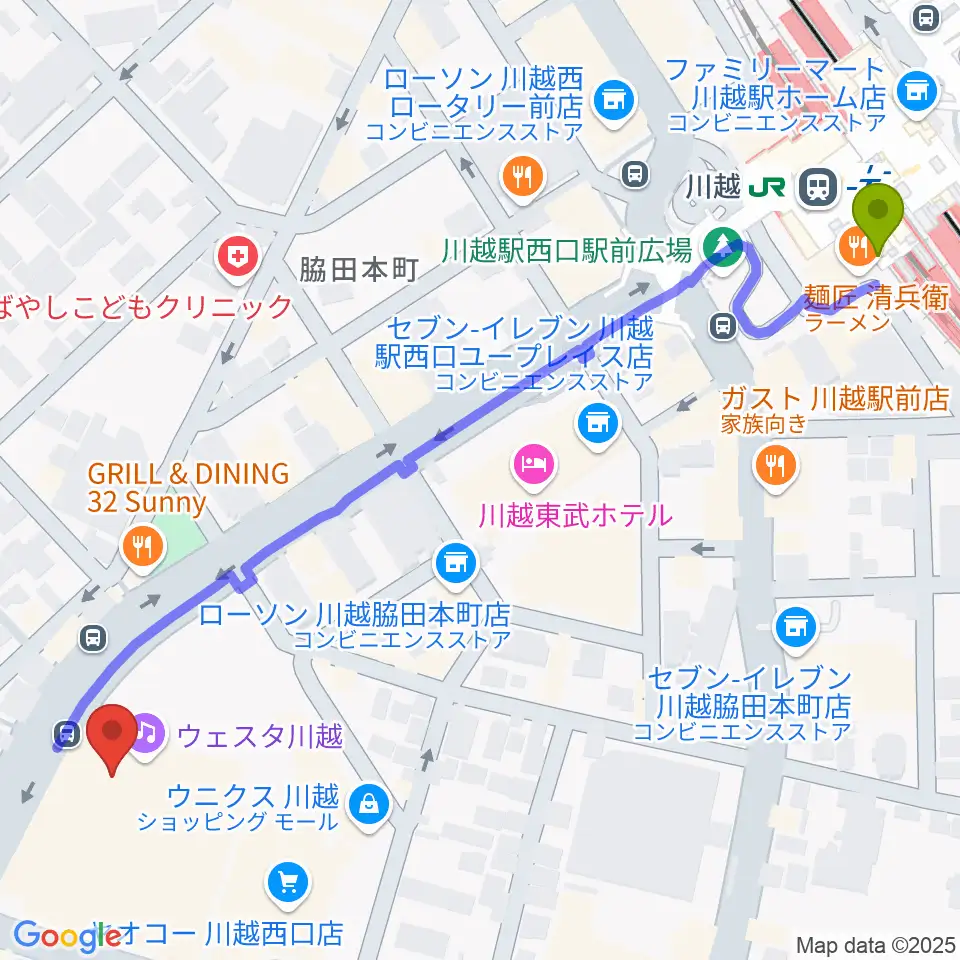 川越駅からウェスタ川越へのルートマップ地図