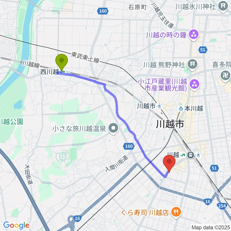 西川越駅からウェスタ川越へのルートマップ地図
