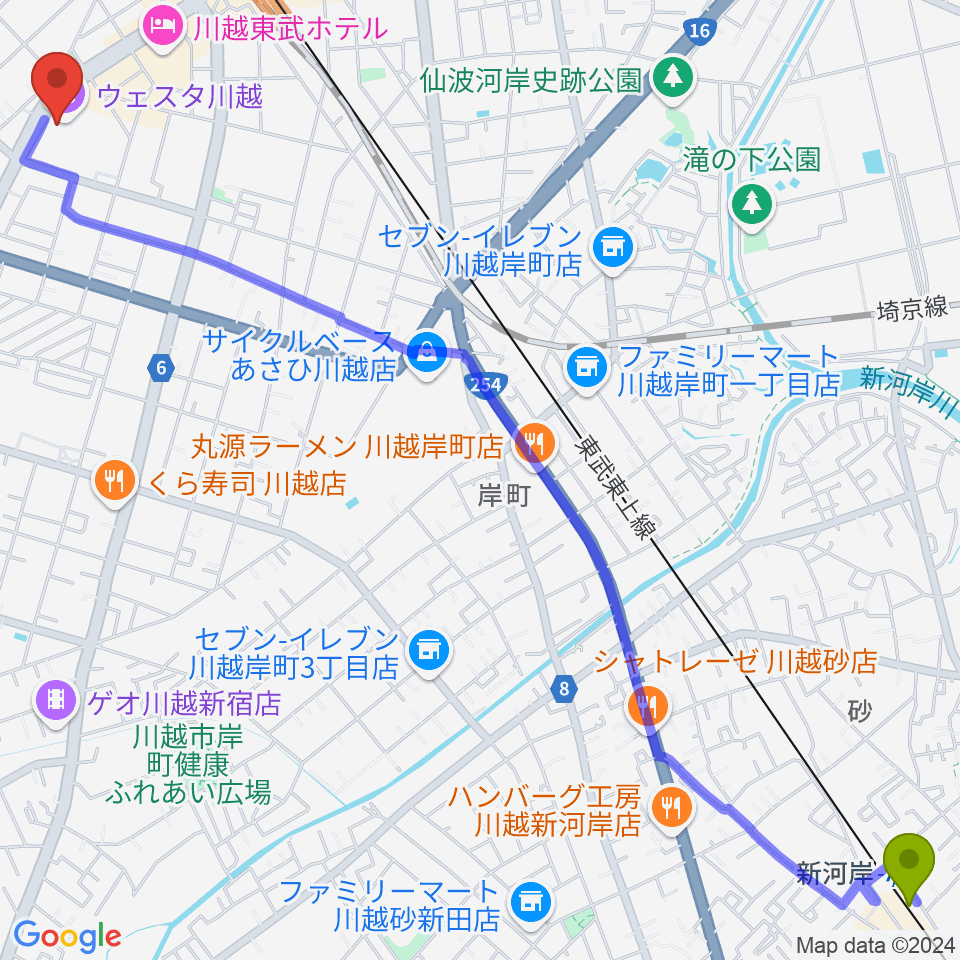 新河岸駅からウェスタ川越 大ホールへのルートマップ Mdata