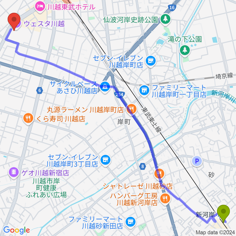 新河岸駅からウェスタ川越 大ホールへのルートマップ地図