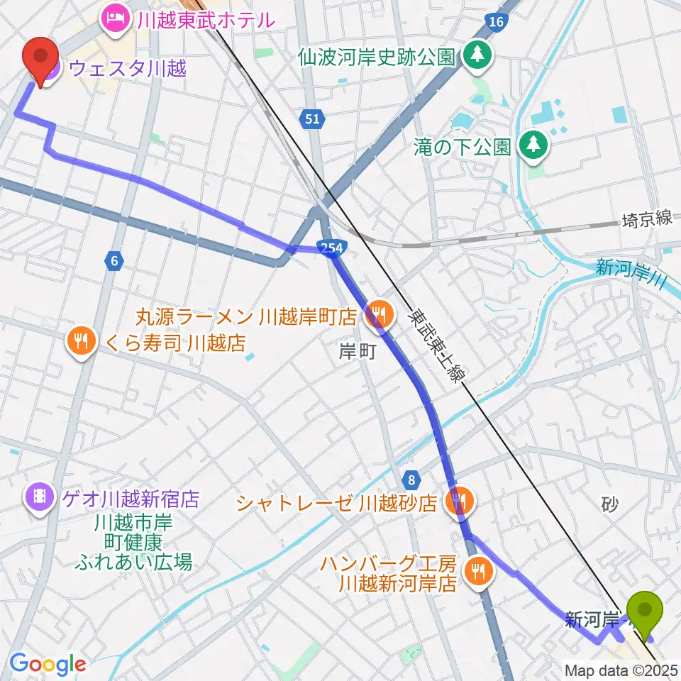 新河岸駅からウェスタ川越へのルートマップ地図