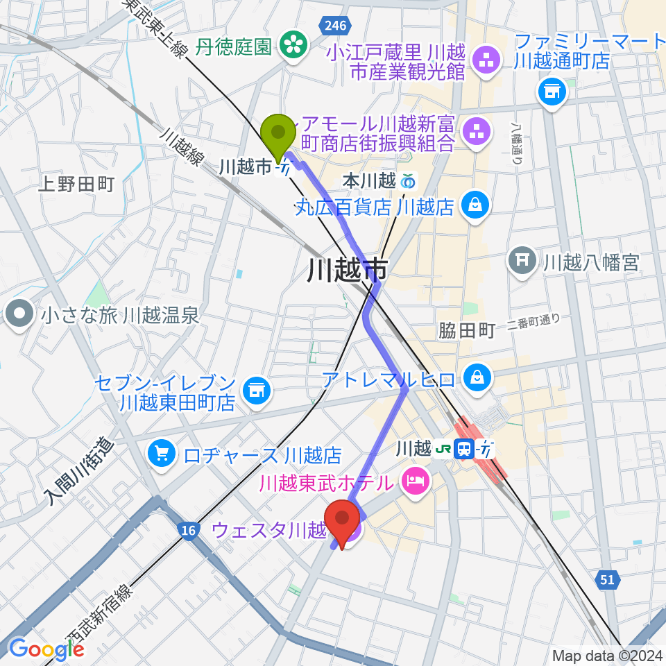 川越市駅からウェスタ川越 大ホールへのルートマップ地図