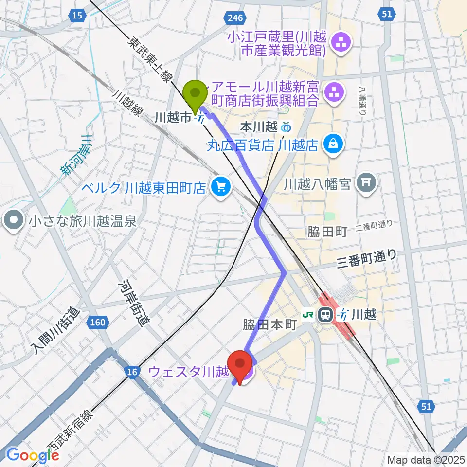 川越市駅からウェスタ川越へのルートマップ地図