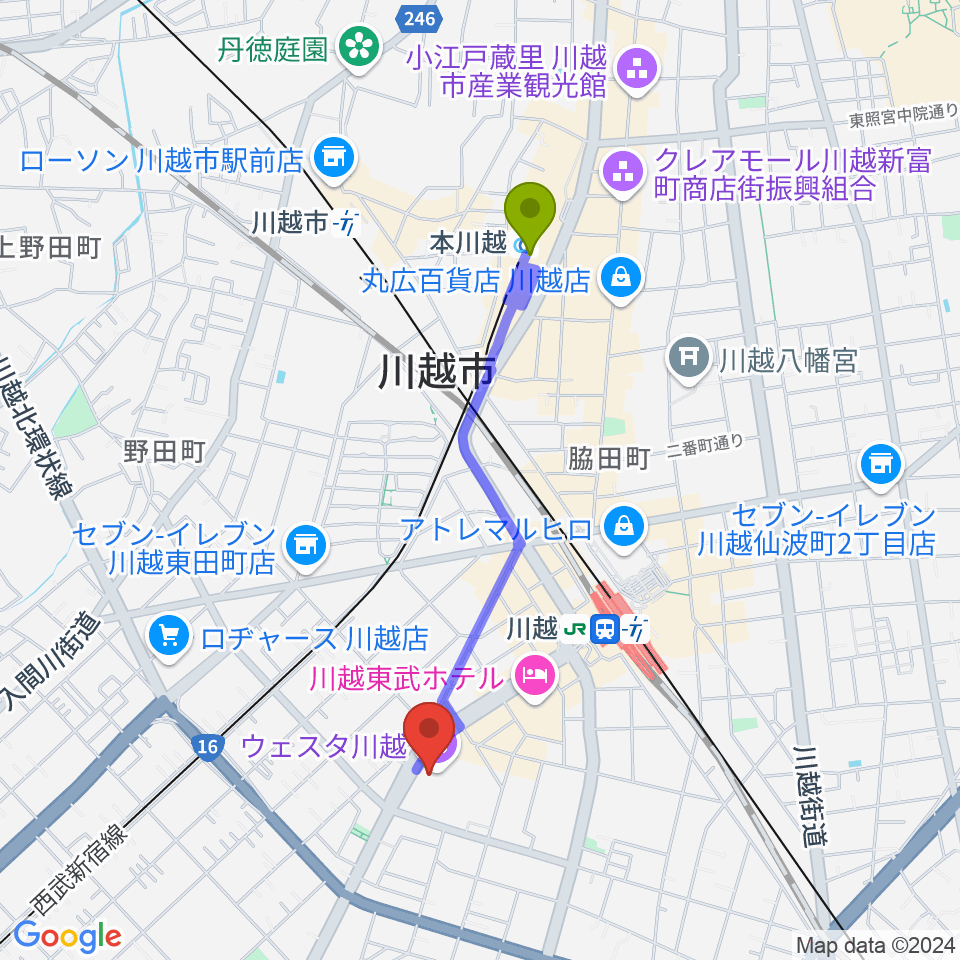 本川越駅からウェスタ川越 大ホールへのルートマップ Mdata