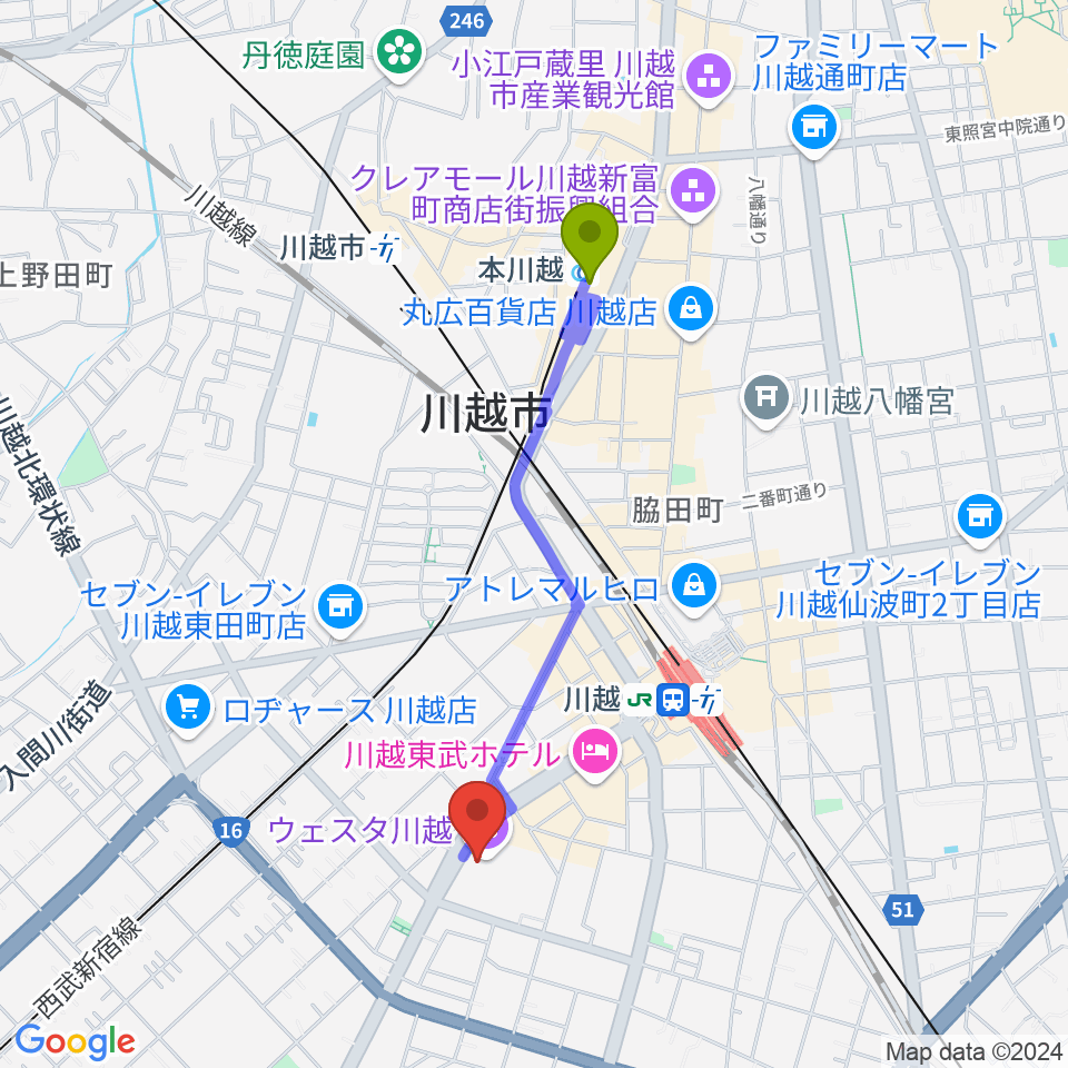 ウェスタ川越 大ホールの最寄駅本川越駅からの徒歩ルート（約17分）地図