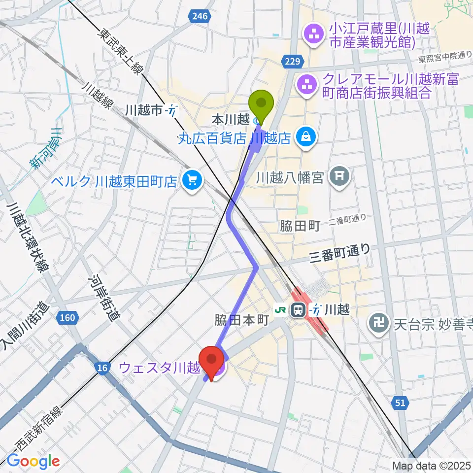ウェスタ川越の最寄駅本川越駅からの徒歩ルート（約17分）地図