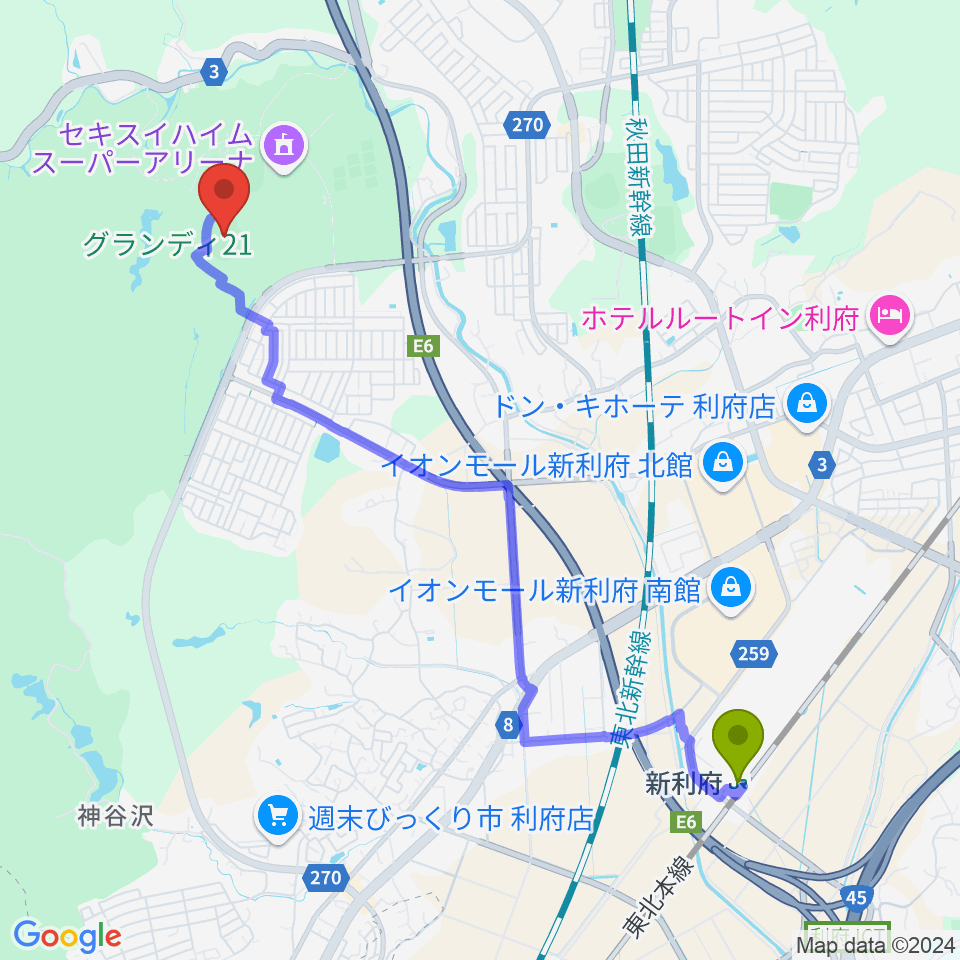 キューアンドエースタジアムみやぎの最寄駅新利府駅からの徒歩ルート（約47分）地図