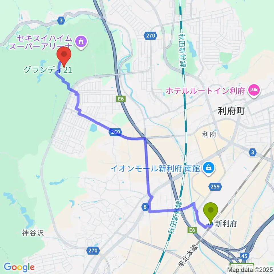 キューアンドエースタジアムみやぎの最寄駅新利府駅からの徒歩ルート（約47分）地図