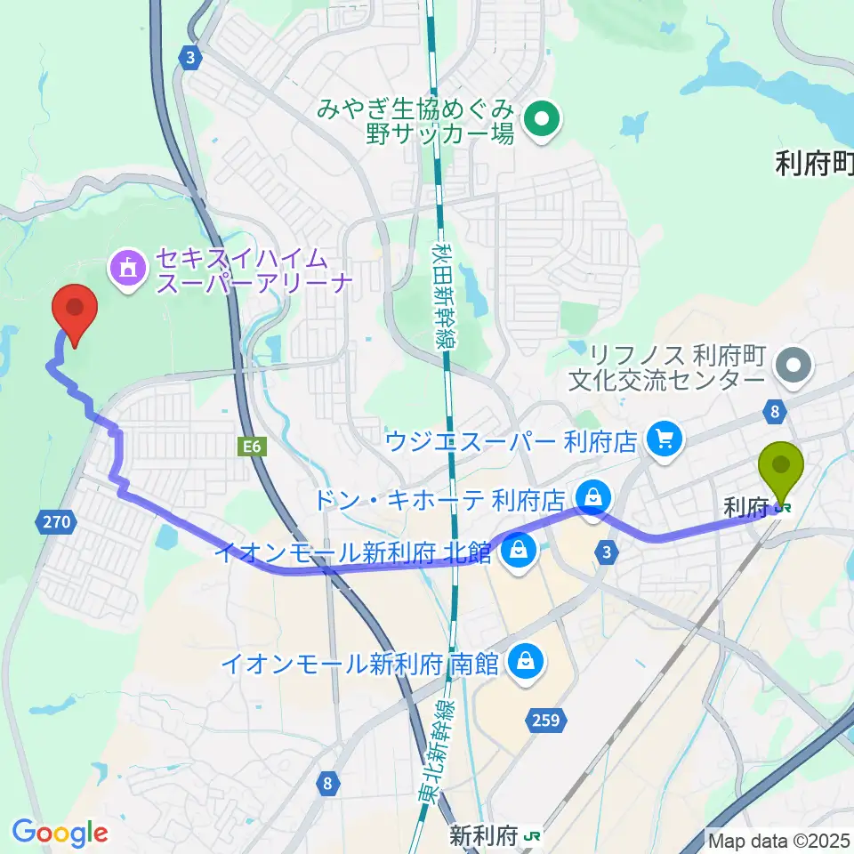 利府駅からキューアンドエースタジアムみやぎへのルートマップ地図
