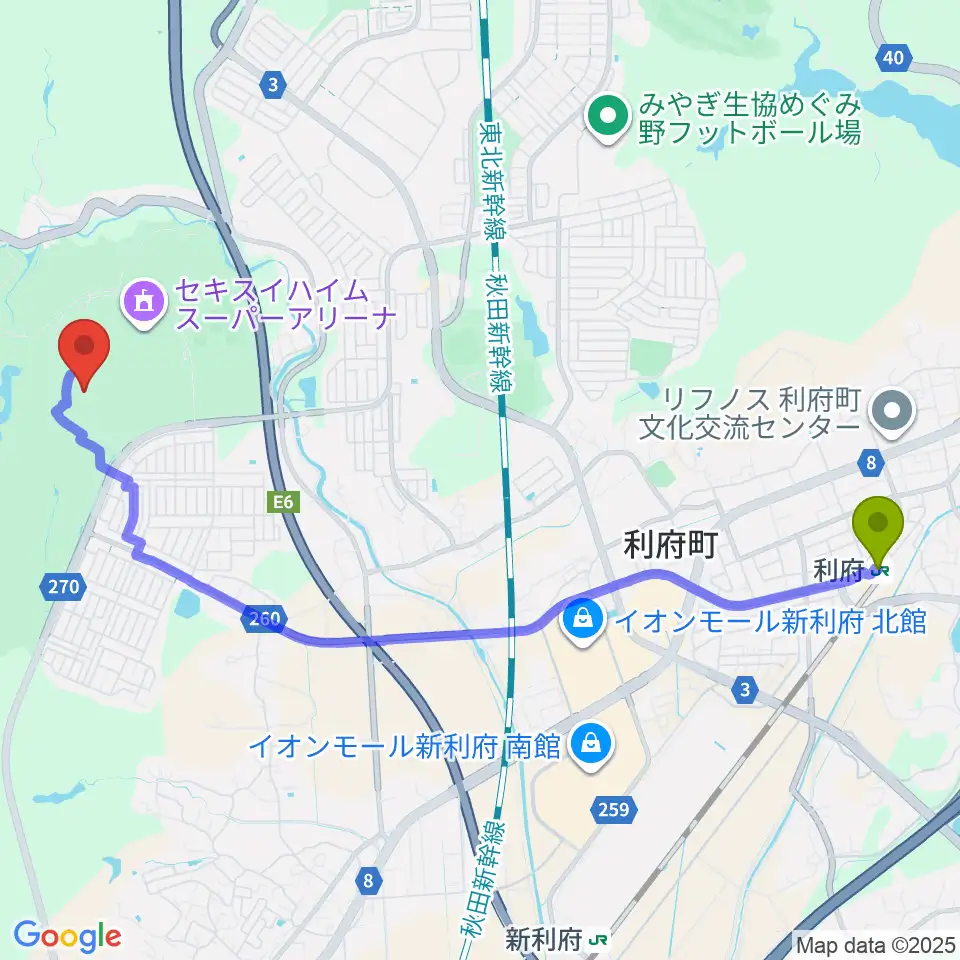 利府駅からキューアンドエースタジアムみやぎへのルートマップ地図