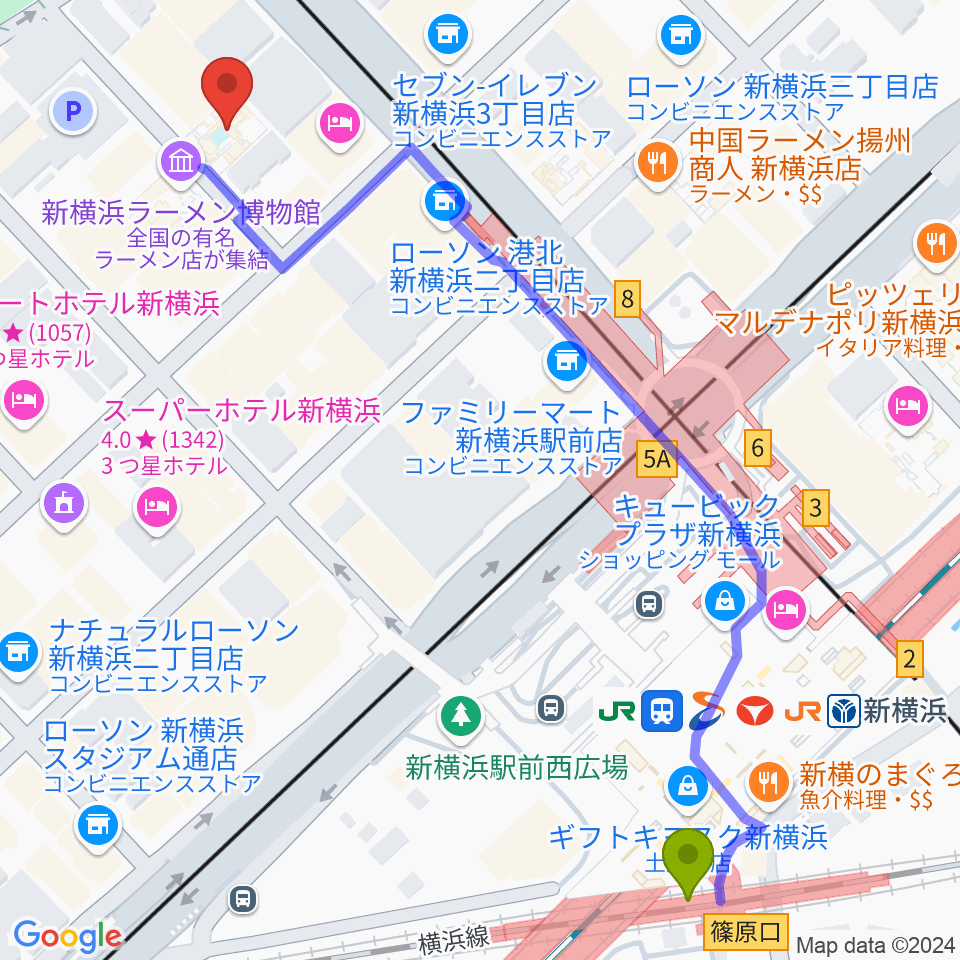 新横浜チャーリーズバーの最寄駅新横浜駅からの徒歩ルート（約7分）地図