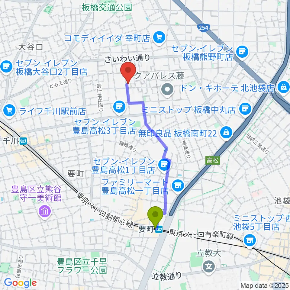 要町駅からどるちぇ音楽教室へのルートマップ地図