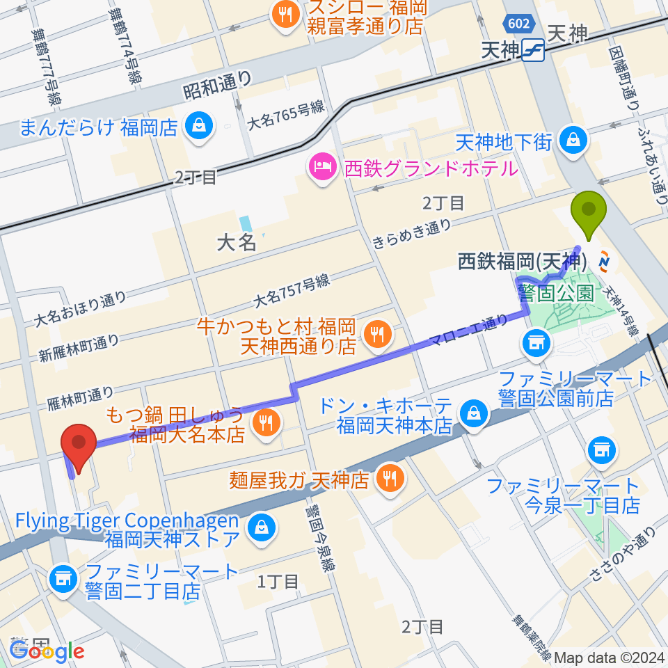 西鉄福岡（天神）駅から福岡リブラボへのルートマップ地図