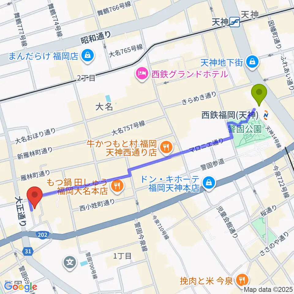 西鉄福岡（天神）駅から福岡リブラボへのルートマップ地図