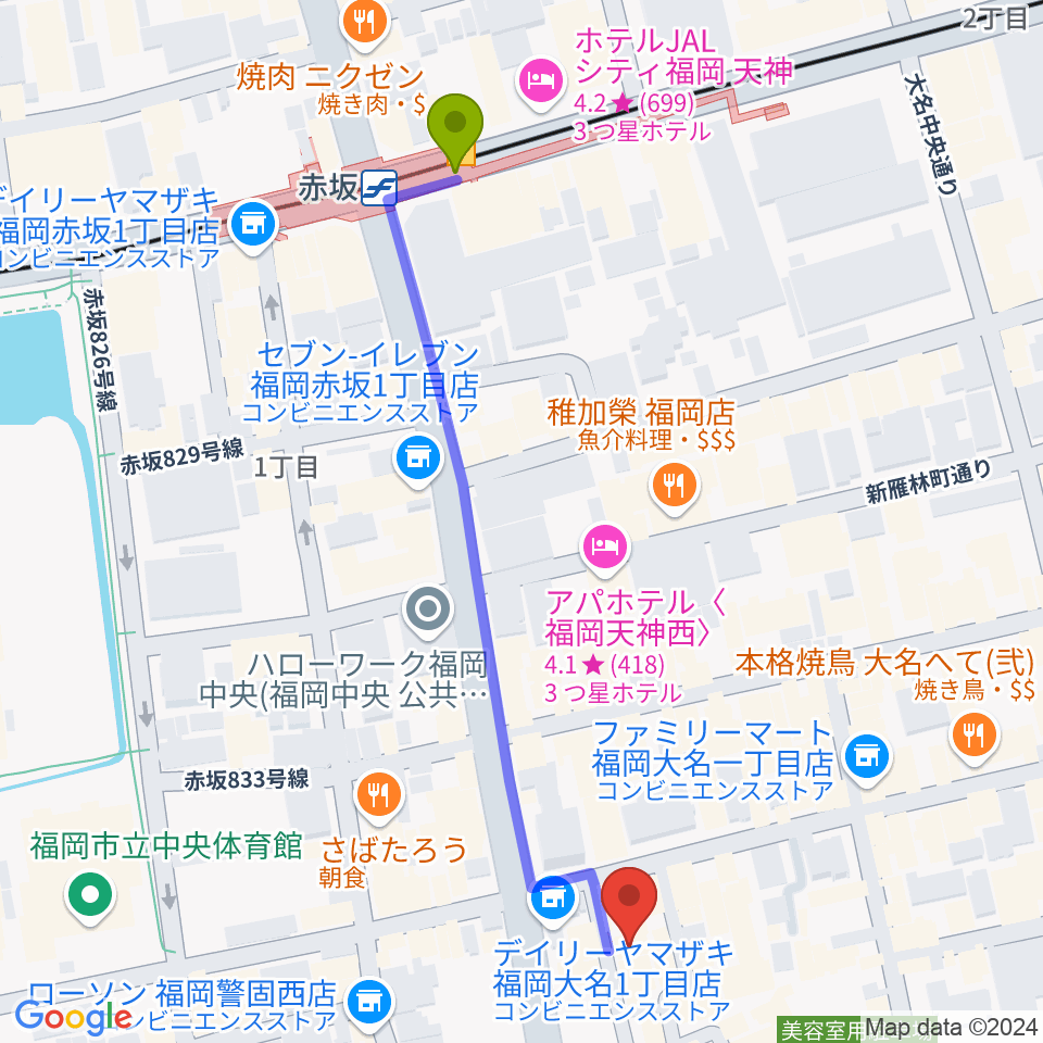 福岡リブラボの最寄駅赤坂駅からの徒歩ルート（約6分）地図