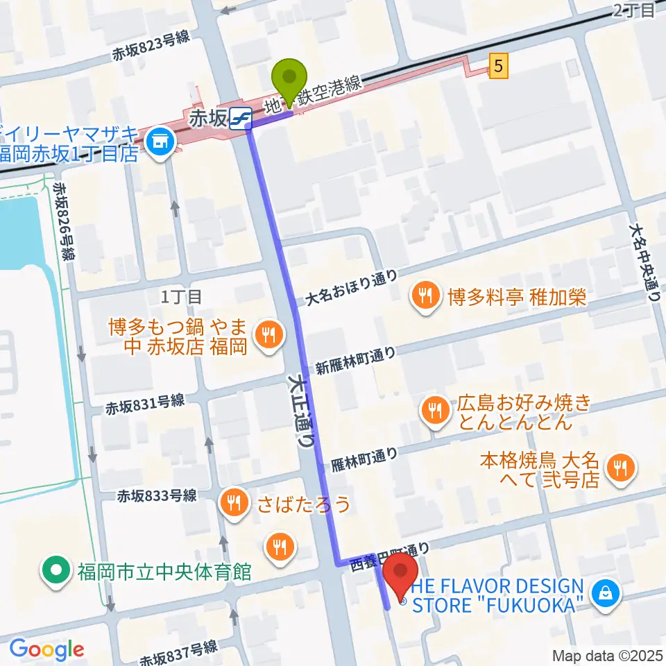 福岡リブラボの最寄駅赤坂駅からの徒歩ルート（約6分）地図