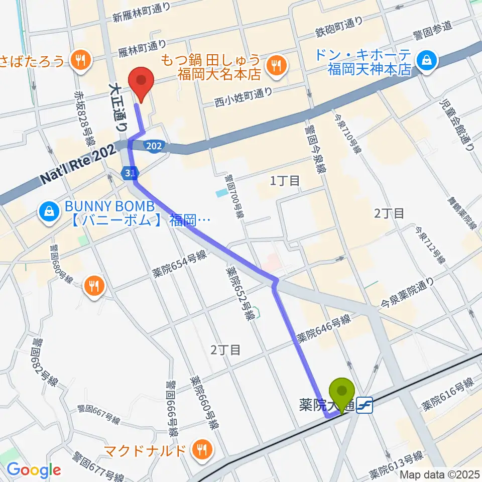 薬院大通駅から福岡リブラボへのルートマップ地図