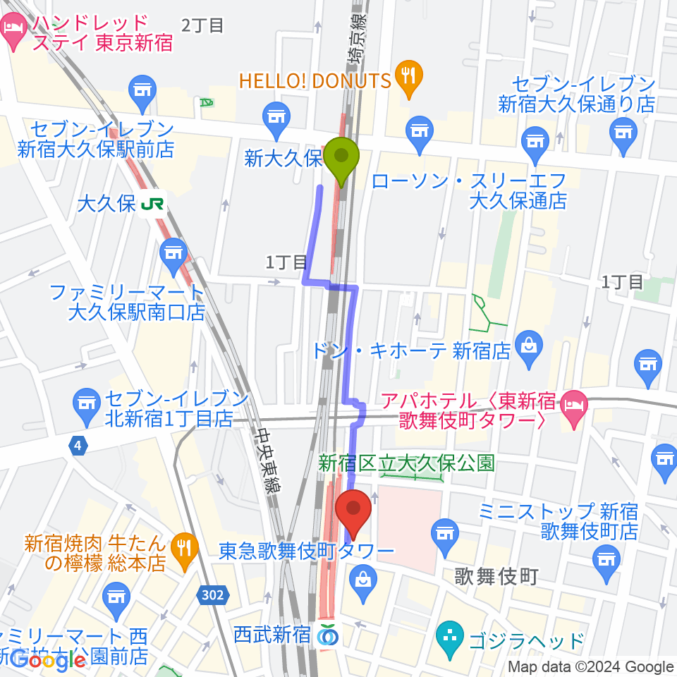 新大久保駅から新宿バティオスへのルートマップ地図