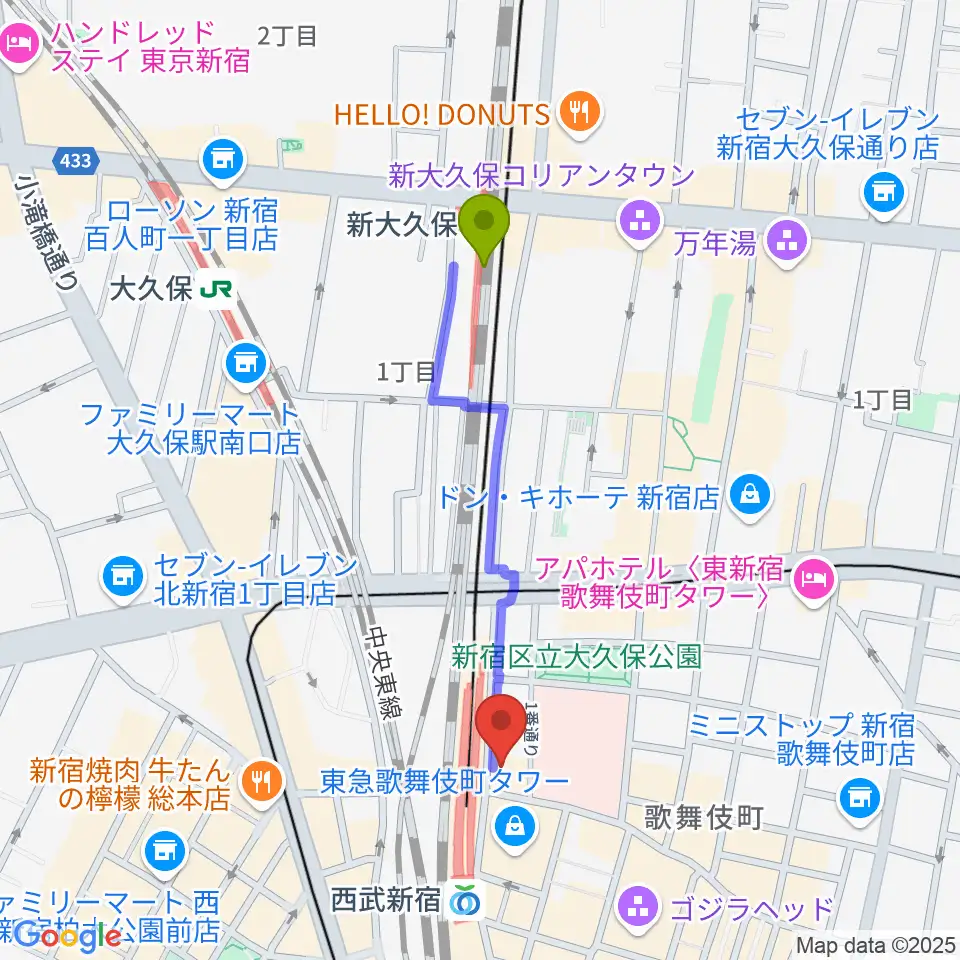 新大久保駅から新宿バティオスへのルートマップ地図