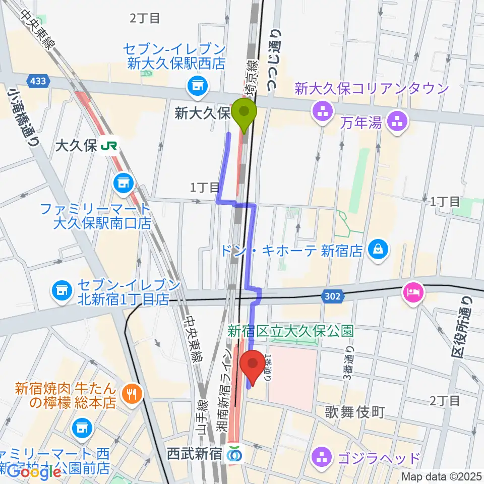 新大久保駅から新宿バティオスへのルートマップ地図