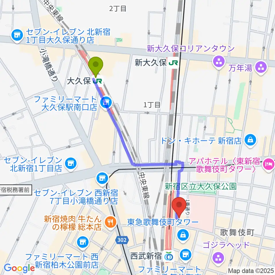 大久保駅から新宿バティオスへのルートマップ地図