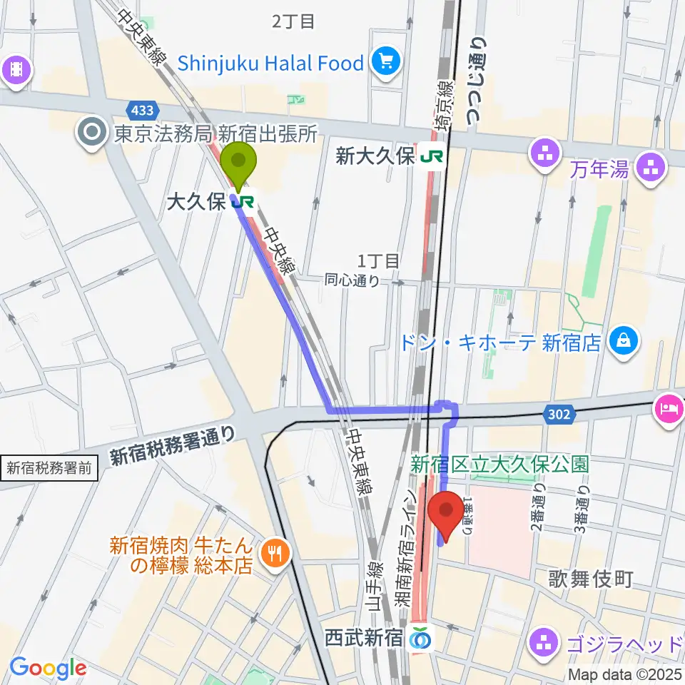 大久保駅から新宿バティオスへのルートマップ地図