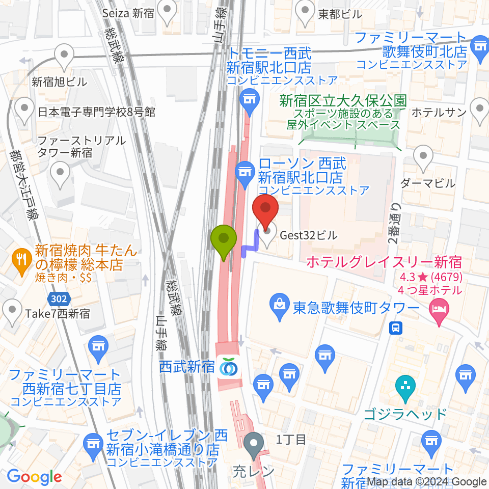 新宿バティオスの最寄駅西武新宿駅からの徒歩ルート（約1分）地図