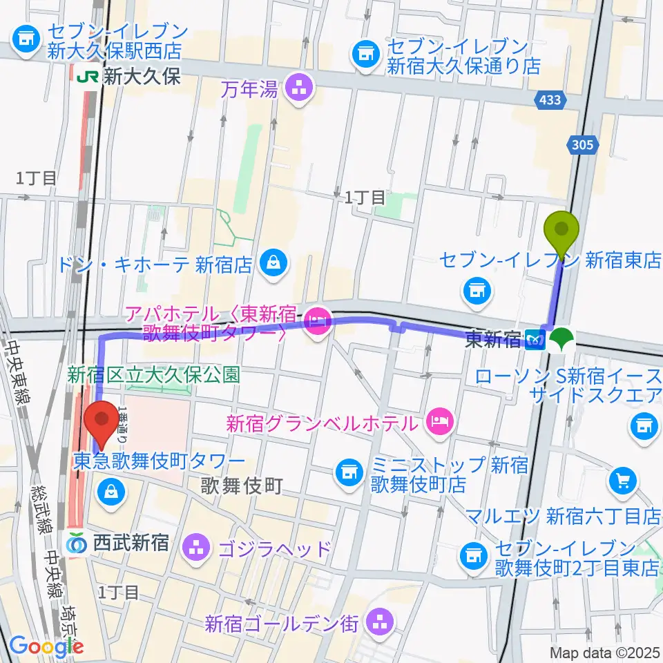 東新宿駅から新宿バティオスへのルートマップ地図