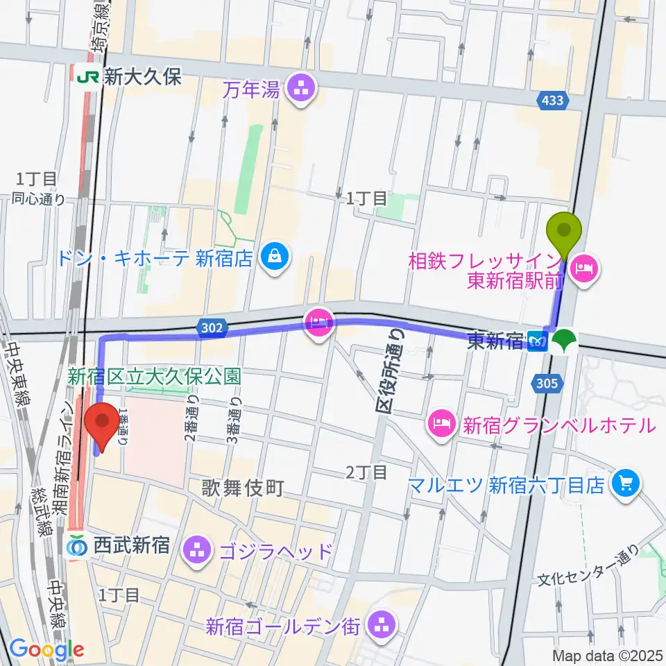 東新宿駅から新宿バティオスへのルートマップ地図