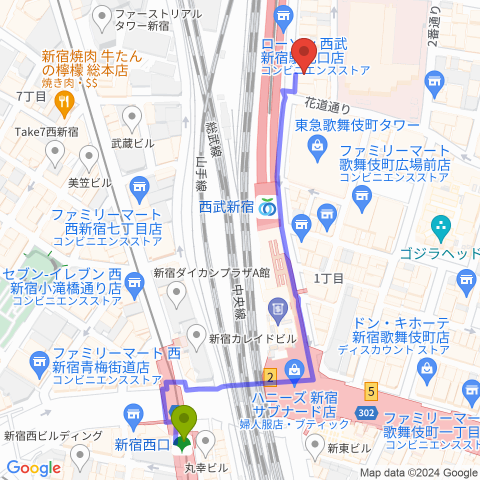 新宿西口駅から新宿バティオスへのルートマップ地図