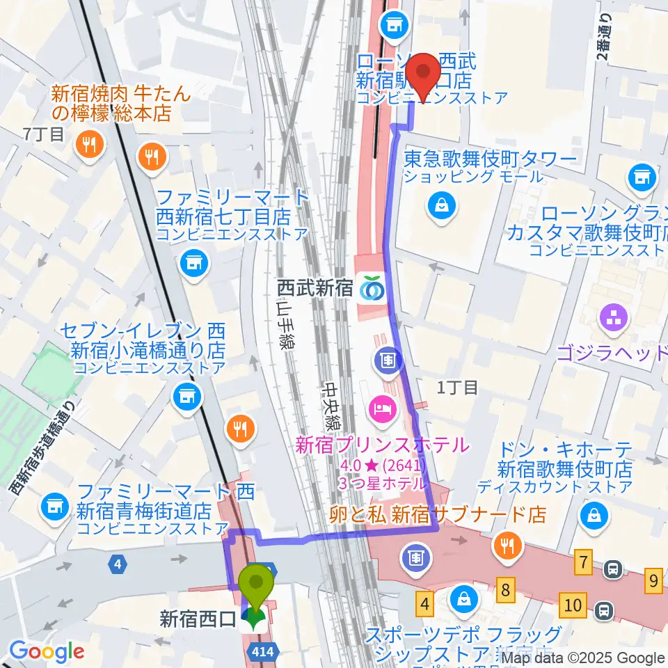 新宿西口駅から新宿バティオスへのルートマップ地図