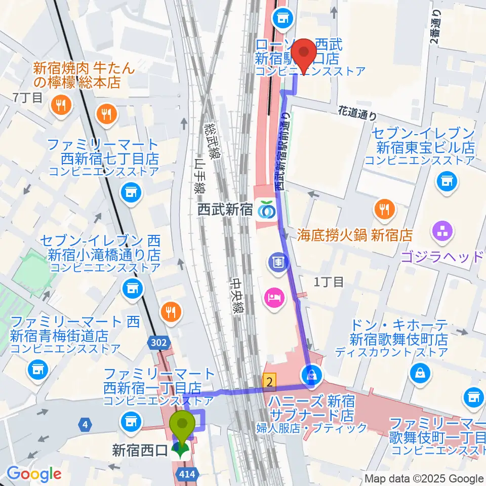 新宿西口駅から新宿バティオスへのルートマップ地図