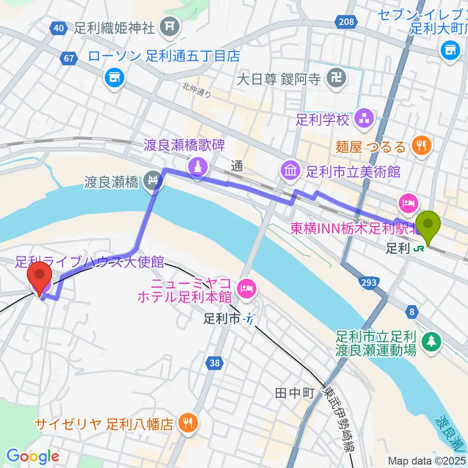 足利駅から足利ライブハウス大使館へのルートマップ地図