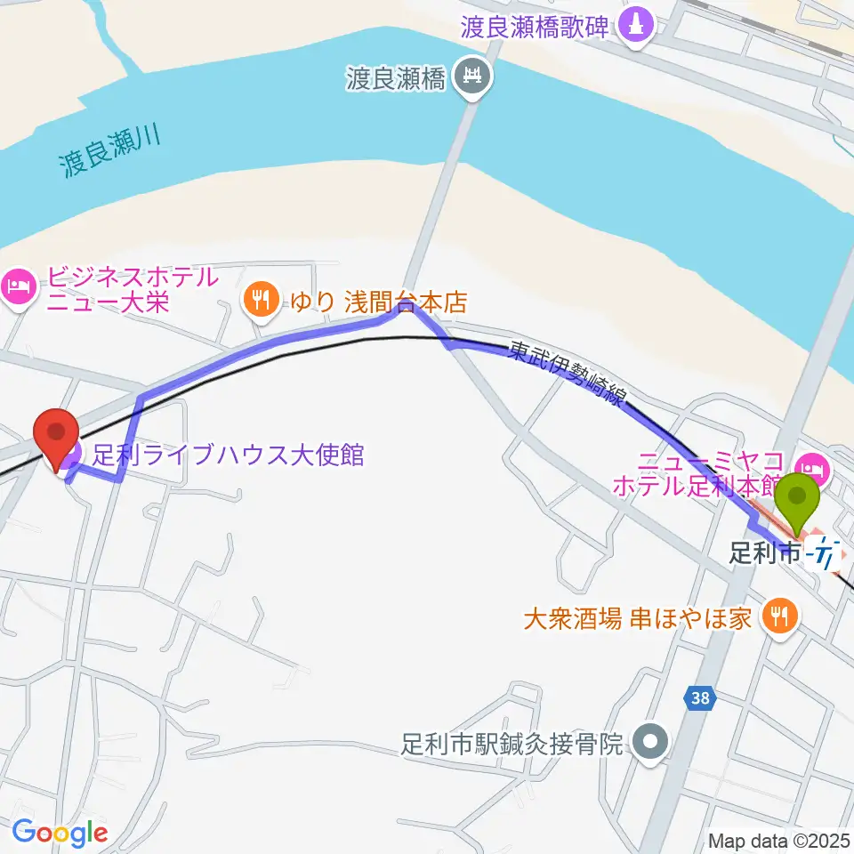 足利市駅から足利ライブハウス大使館へのルートマップ地図